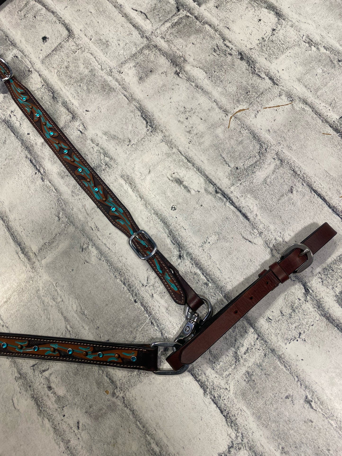 Browband Headstall + Breast Collar Dark Oil w/ Turquoise Rhinestones