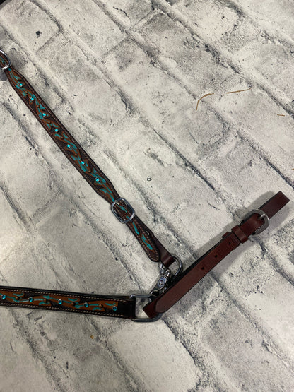 Browband Headstall + Breast Collar Dark Oil w/ Turquoise Rhinestones