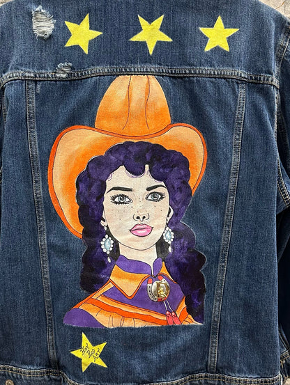 Hot Rod Art Cowgirl Painted Jean Jacket XXL