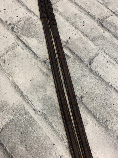 Fancy Stitched Laced Leather Reins Brown