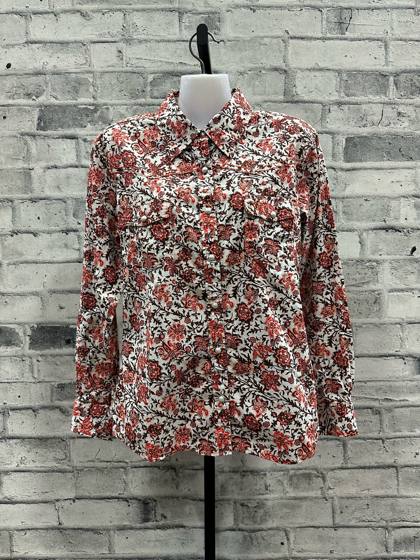 Cowgirl Hardware Pearl Snap Show Shirt Coral/Brown Floral M