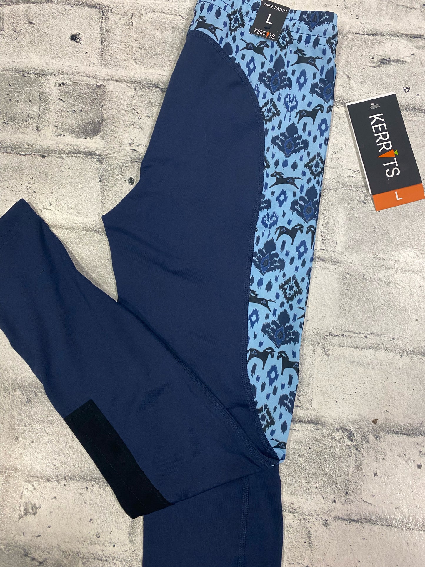 Kerrits Pull On Riding Tights Blue Horse Print Childrens L NEW