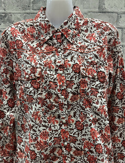 Cowgirl Hardware Pearl Snap Show Shirt Coral/Brown Floral M