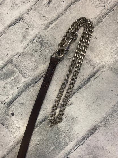 Flat Leather Dog Leash w Chain Brown 62"